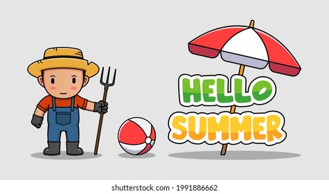 Cute farmer with hello summer greeting banner