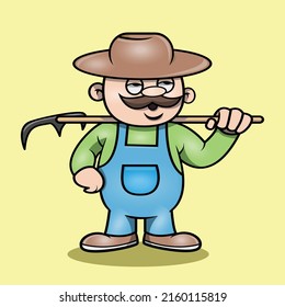 cute farmer holding fork hook on shoulder