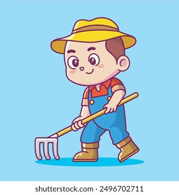 cute farmer holding fork planting fruit vegetables kawaii chibi character mascot illustration outline style design set