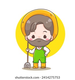 Granjero lindo sosteniendo un vector de dibujos animados de horquilla. Diseño de conceptos agrícolas y agrícolas. Ilustración de estilo Chibi. Fondo blanco aislado. Mascota del logotipo del icono