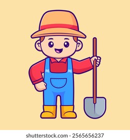 Cute Farmer Holding Shovel Cartoon Vector Icon Illustration. 
People Profession Icon Concept Isolated Premium Vector. Flat 
Cartoon Style 