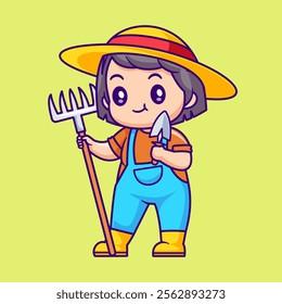 Cute Farmer Holding Shovel And Pitchfork Cartoon Vector Icon 
Illustration. People Profession Icon Concept Isolated Premium 
Vector. Flat Cartoon Style 