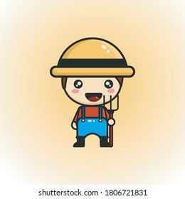 Cute farmer man character mascot design illustration isolated on yellow and white gradient background

