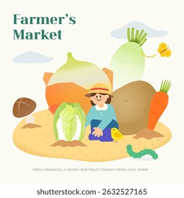 Cute Farmer and Organic Vegetables Illustration