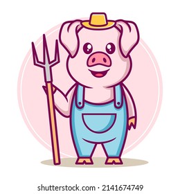 Cute farmer pig holding straw fork cartoon vector