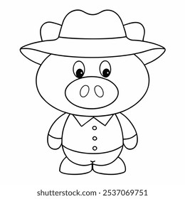 Cute Farmer Pig Outline - Black and White Pig Character with Hat for Coloring Pages and Farm-Themed Illustrations