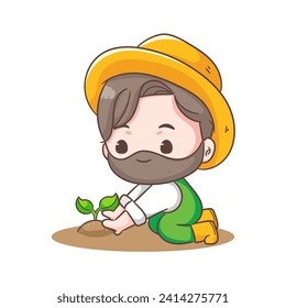 Cute farmer planting cartoon vector. Farming and agriculture concept design. Chibi style illustration. Isolated white background. Icon logo mascot
