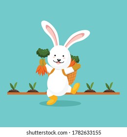 Cute farmer rabbit character happy with carrots