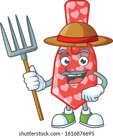 Cute Farmer red love tie cartoon mascot with hat and tools