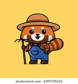 Cute farmer red panda cartoon vector illustration animal proffession concept icon isolated