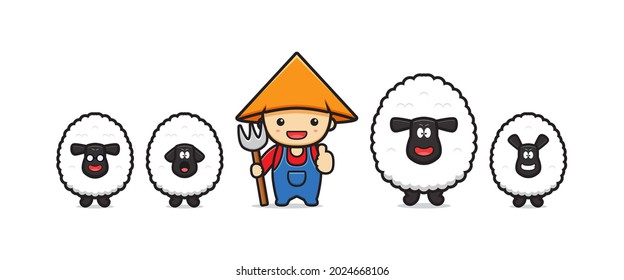 Cute farmer with sheep cartoon icon illustration. Design isolated flat cartoon style