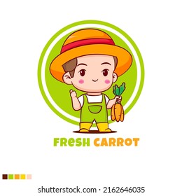 Cute farmer with stop hand sign and bubble text. Chibi cartoon character. Vector art illustration