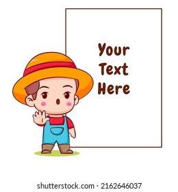 Cute farmer with stop hand sign and bubble text. Chibi cartoon character. Vector art illustration