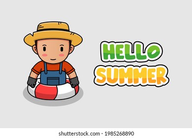 Cute farmer swimming with hello summer greeting banner