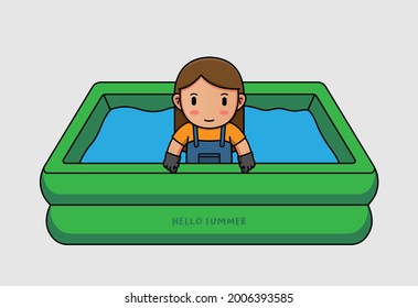 Cute farmer swimming with hello summer greeting banner