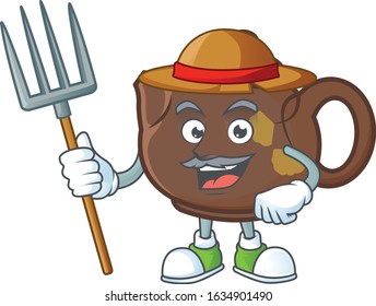 Cute Farmer teapot cartoon mascot with hat and tools