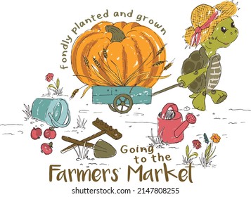Cute farmer turtles.Fruits and vegetables, vegetarian banner Farmer's Market , isolated color vector icons.