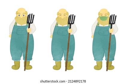 Cute farmer uncle front illustration set