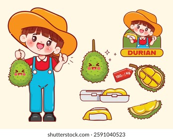 Cute farmer or vendor with Durian logo cartoon design. Hand drawn vector illustration premium.