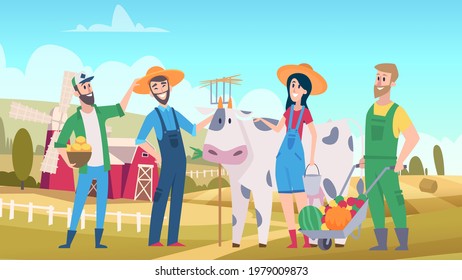 Cute farmers. Agricultural worker, farm landscape. Farmer characters, harvest time vector illustration
