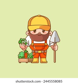 Cute farmers harvest cabbage kawaii chibi character mascot illustration outline style design set