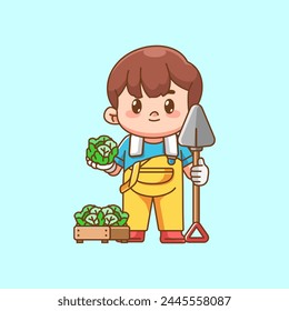 Cute farmers harvest cabbage and vegetables kawaii chibi character mascot illustration outline style design set