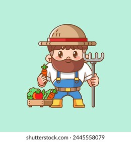 Cute farmers harvest carrot and vegetables kawaii chibi character mascot illustration outline style design set
