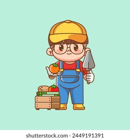 Cute farmers harvest orange and vegetables kawaii chibi character mascot illustration outline style design set