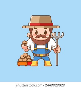 Cute farmers harvest potato kawaii chibi character mascot illustration outline style design set