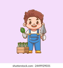 Cute farmers harvest shovel and vegetables kawaii chibi character mascot illustration outline style design set