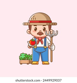 Cute farmers harvest tomato and vegetables kawaii chibi character mascot illustration outline style design set