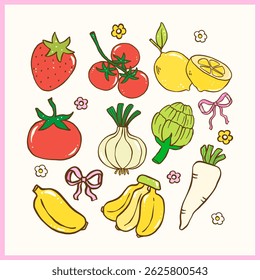 Cute Farmers Market Vegetables and Fruits Clipart Set, Playful Doodle Girly Hand Drawing
