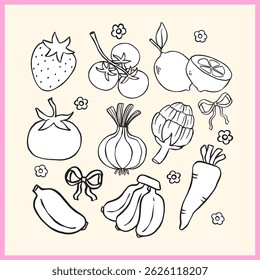 Cute Farmers Market Vegetables and Fruits outline Clipart Set, Playful Doodle Girly Hand Drawing