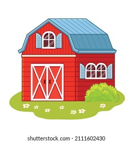 Cute farmhouse red house on a white background in cartoon style. Vector illustration with stable and barn.