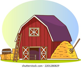 Cute farmhouse red house on a white background in cartoon style. Vector illustration with stable and barn.