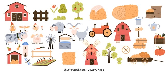 Nette Landwirtschaft Mega-Set in Cartoon-Grafik-Design. Bundle Elemente von Vieh, Geflügel, Gartenbau, Bäume, Mühle, Traktor, Scheune, Heuhaufen, Gemüse, Obst. Vektor-Illustration isolierte Objekte