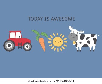 cute farmland ,cute cow, cute tractor
