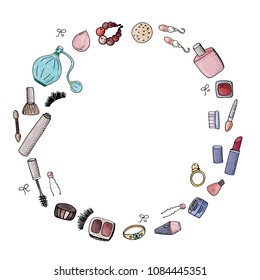 Cute fashion  A4 template for notes with make up tools, cosmetics. Vector organizer page. Trendy self-organization concept  with graphic design elements.