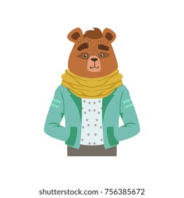 Cute fashion bear guy character, hipster animal flat vector illustration