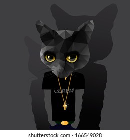 Cute fashion Black Cat  Hipster Animals pets, vector illustration. 