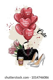 Cute fashion card. A set of stylish accessories for women. Bag, shoes, cup of coffee, a bouquet of flowers tulips, balloons. Template for day cards Valentine. Fashion illustration. Sketch. Vector.