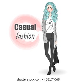 Cute fashion cartoon girl. Vector illustration.