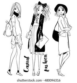 cute fashion cartoon girls in sketchy style