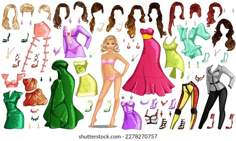 Cute Fashion Cartoon Paper Doll with Outfits, Hairstyles and Accessories. Vector Illustration