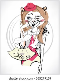 Cute fashion cat girl in hat,Hand drawn Vector Illustration.