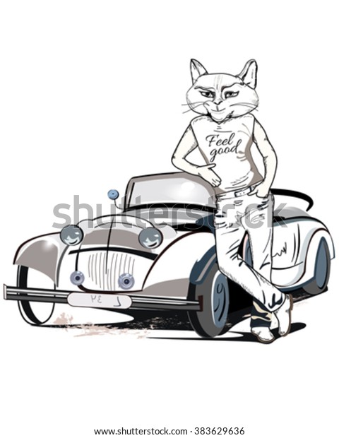 Cute fashion cat man in jeans with a retro car.
T-shirt graphics.