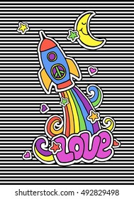 Cute fashion colorful t-shirt design, background, cover with patch badges. Space, rocket, stars, rainbow, moon, hearts, peace. Set of doodle stickers, pins, in cartoon 80s-90s comic style. 