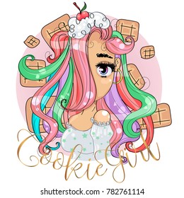 Cute fashion cookie girl cartoon character, hand drawn vector illustration art