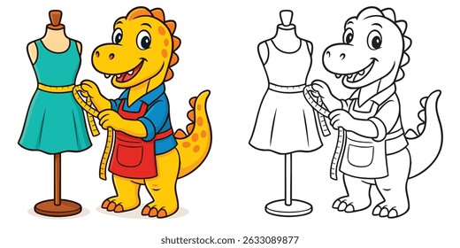 Cute Fashion Designer Dinosaur Coloring Page Printable Cartoon Activity for Kids in Color and Outline