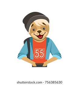 Cute fashion dog guy character in black hat, hipster animal flat vector illustration